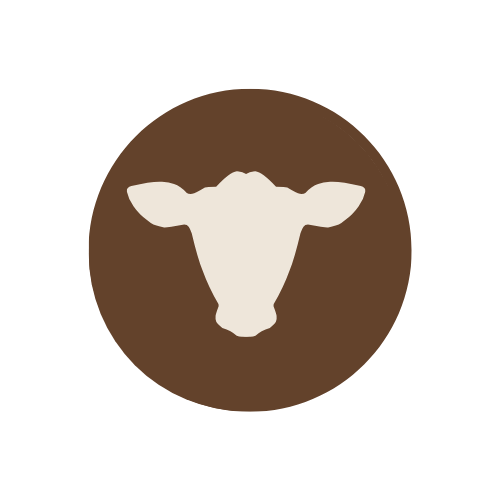 Ícono circular marrón con la silueta clara de una cabeza de vaca vista de frente en el centro.